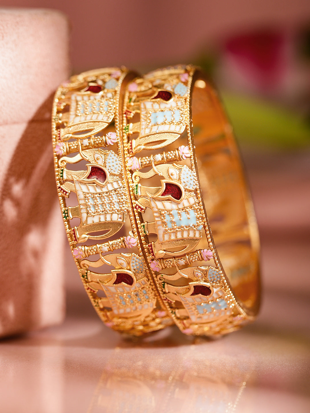 Multicolor Elephant Motif Golden Bangles Set of 2 2.4 - Small