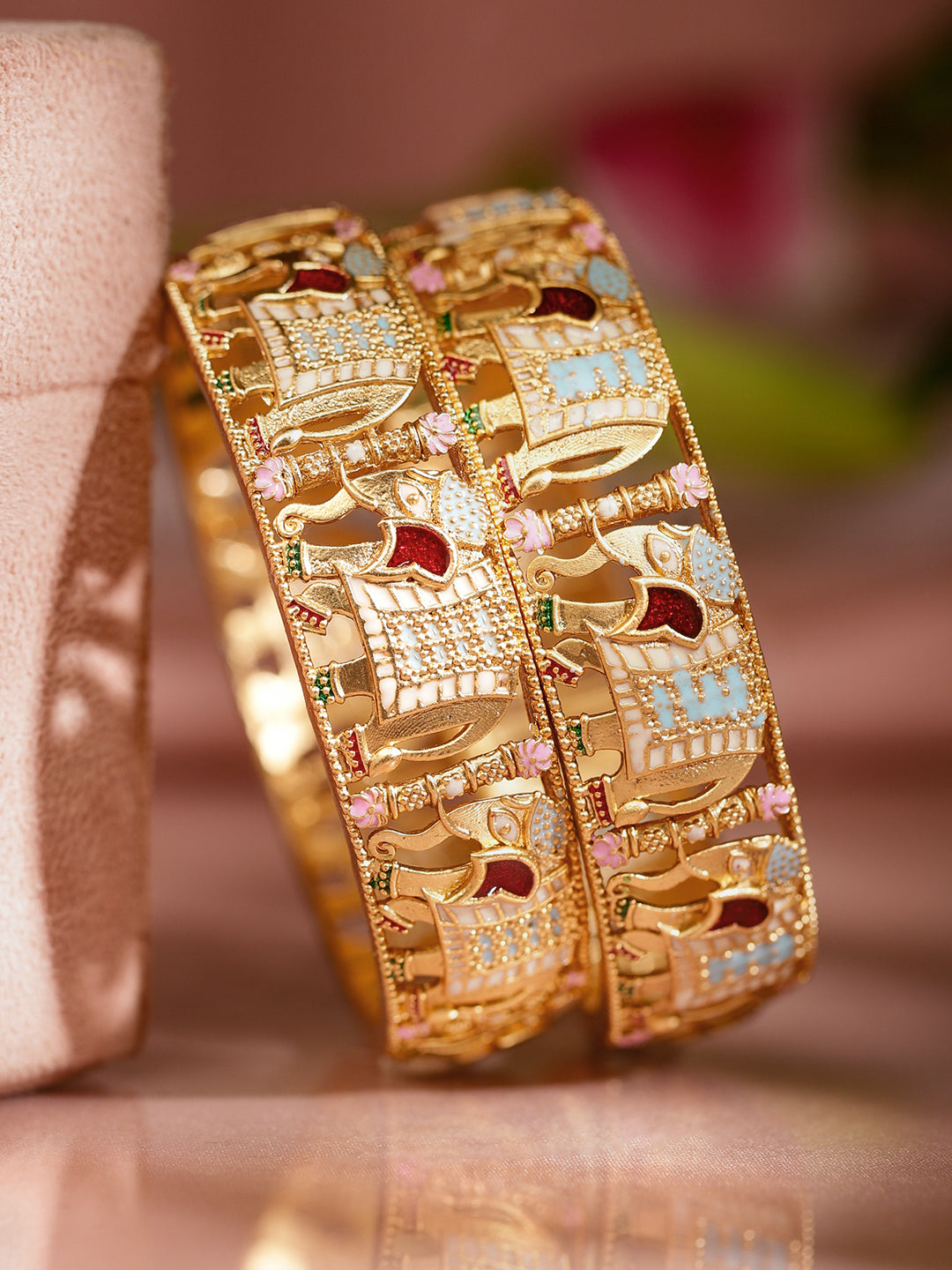 Multicolor Elephant Motif Golden Bangles Set of 2 2.6 - Medium