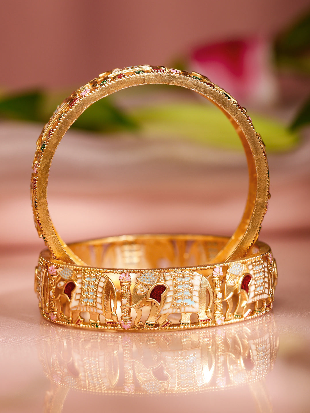 Multicolor Elephant Motif Golden Bangles Set of 2 2.4 - Small