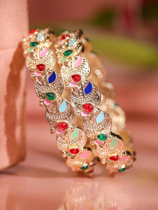 Rubans Set of 2 18K Gold-Plated Multicolor Enamel & Zirconia Stone Crescent Motif Bangles 2.8 - Large