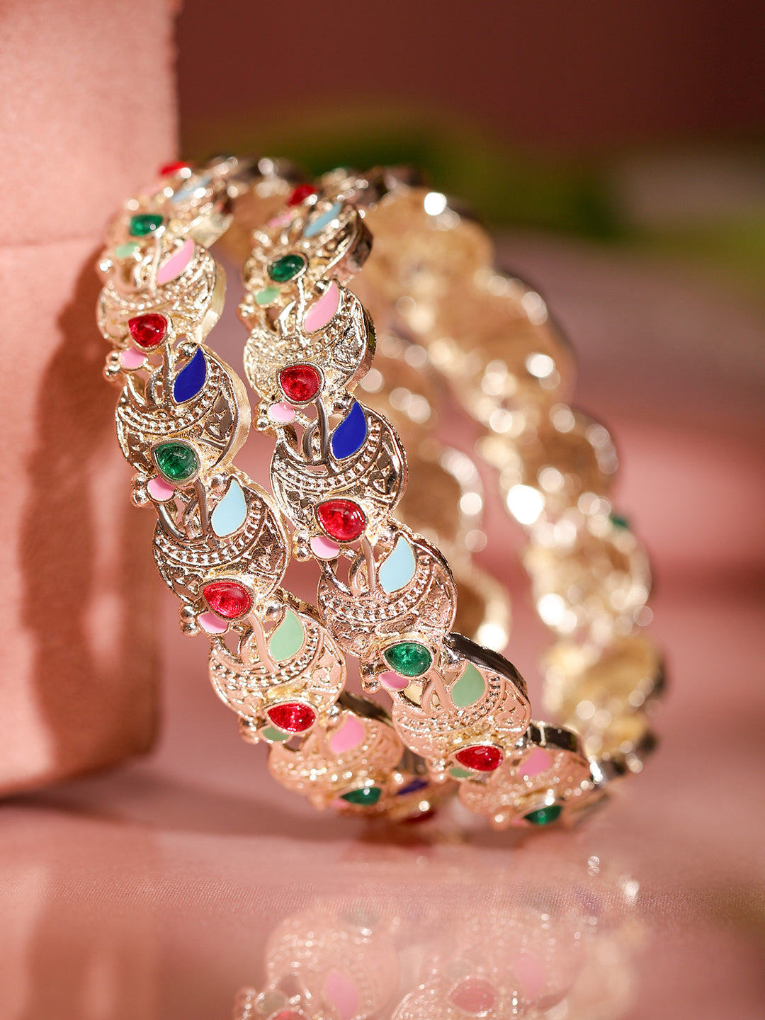 Rubans Set of 2 18K Gold-Plated Multicolor Enamel & Zirconia Stone Crescent Motif Bangles 2.8 - Large