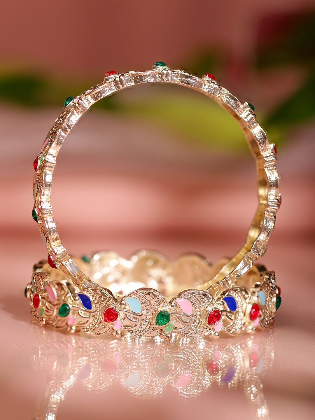 Rubans Set of 2 18K Gold-Plated Multicolor Enamel & Zirconia Stone Crescent Motif Bangles 2.4 - Small