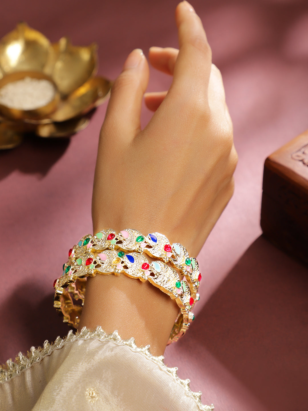 Rubans Set of 2 18K Gold-Plated Multicolor Enamel & Zirconia Stone Crescent Motif Bangles 2.8 - Large