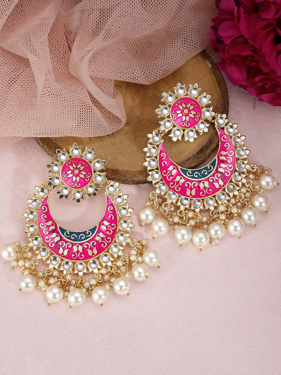 Rubans Gold Plated Handcrafted Pink Enamel Pearl Chandbali Earrings Multicolor