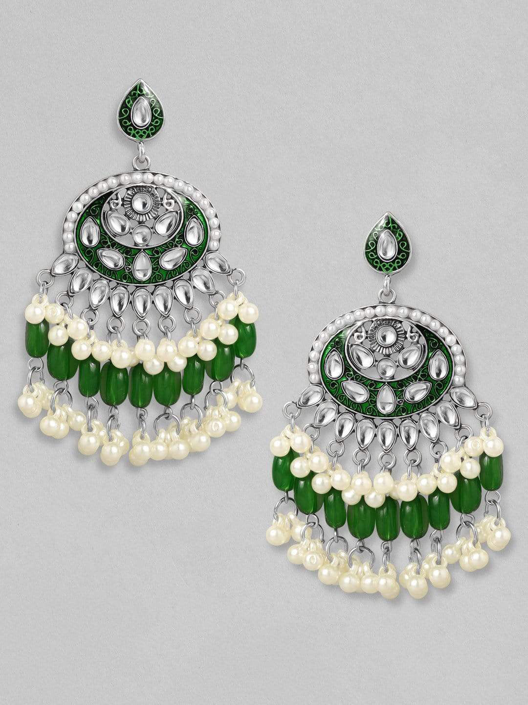 Rubans Kundan Green Enamel with Beads Silver Plated Hancrafted Chandbali Earrings Green