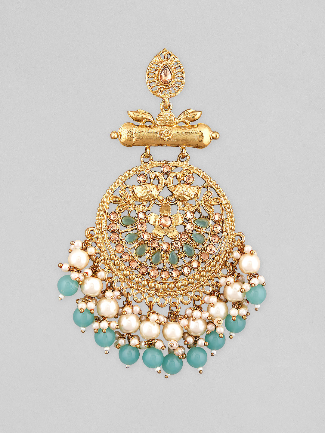 【Rubans】 18K Antique Gold-Plated Big Chandbali with Pearl & Turquoise Blue Bead Accents｜18K アンティークゴールドメッキ ビッグ チャンドバリ イヤリング パール＆ターコイズブルービーズ