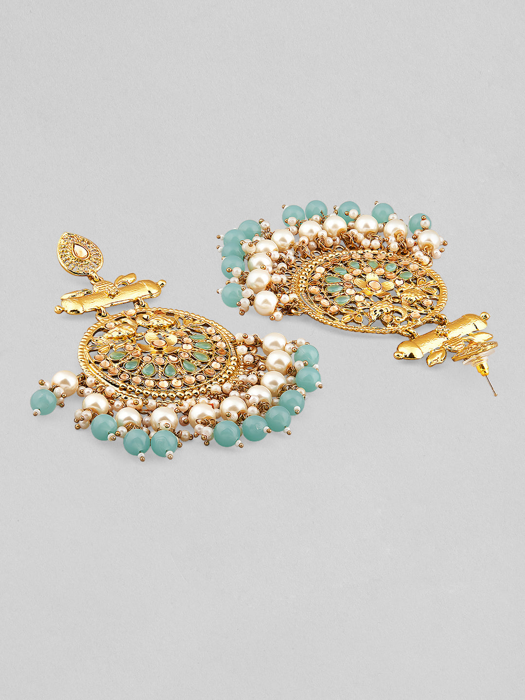【Rubans】 18K Antique Gold-Plated Big Chandbali with Pearl & Turquoise Blue Bead Accents｜18K アンティークゴールドメッキ ビッグ チャンドバリ イヤリング パール＆ターコイズブルービーズ