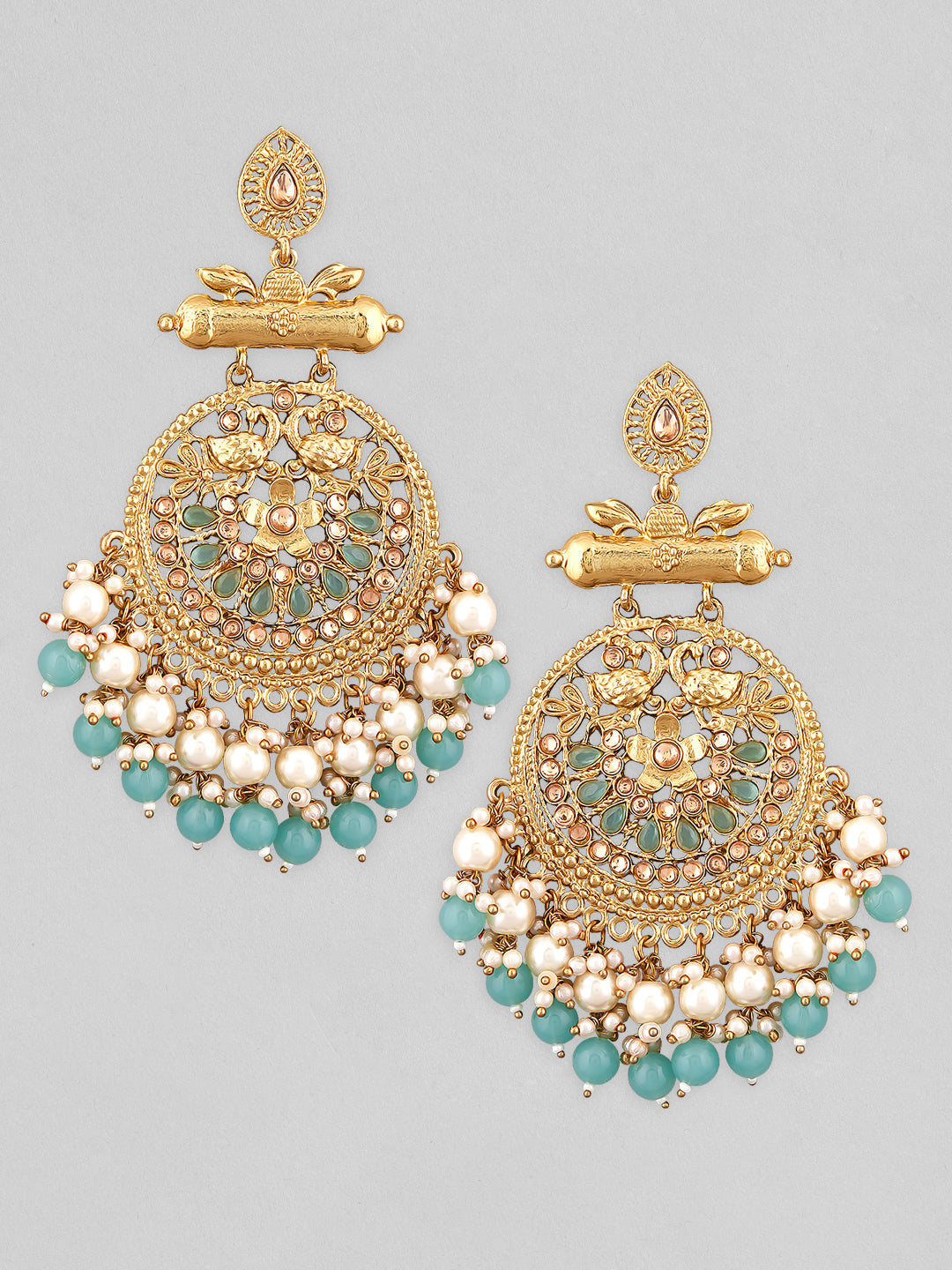 【Rubans】 18K Antique Gold-Plated Big Chandbali with Pearl & Turquoise Blue Bead Accents｜18K アンティークゴールドメッキ ビッグ チャンドバリ イヤリング パール＆ターコイズブルービーズ