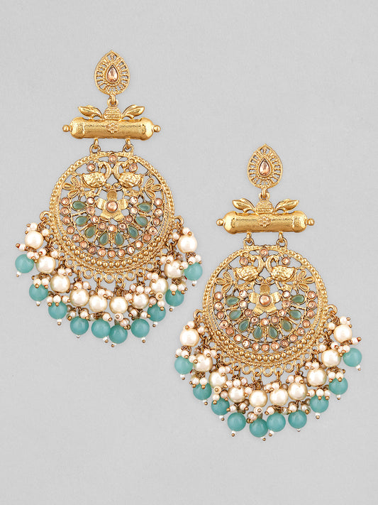 【Rubans】 18K Antique Gold-Plated Big Chandbali with Pearl & Turquoise Blue Bead Accents｜18K アンティークゴールドメッキ ビッグ チャンドバリ イヤリング パール＆ターコイズブルービーズ