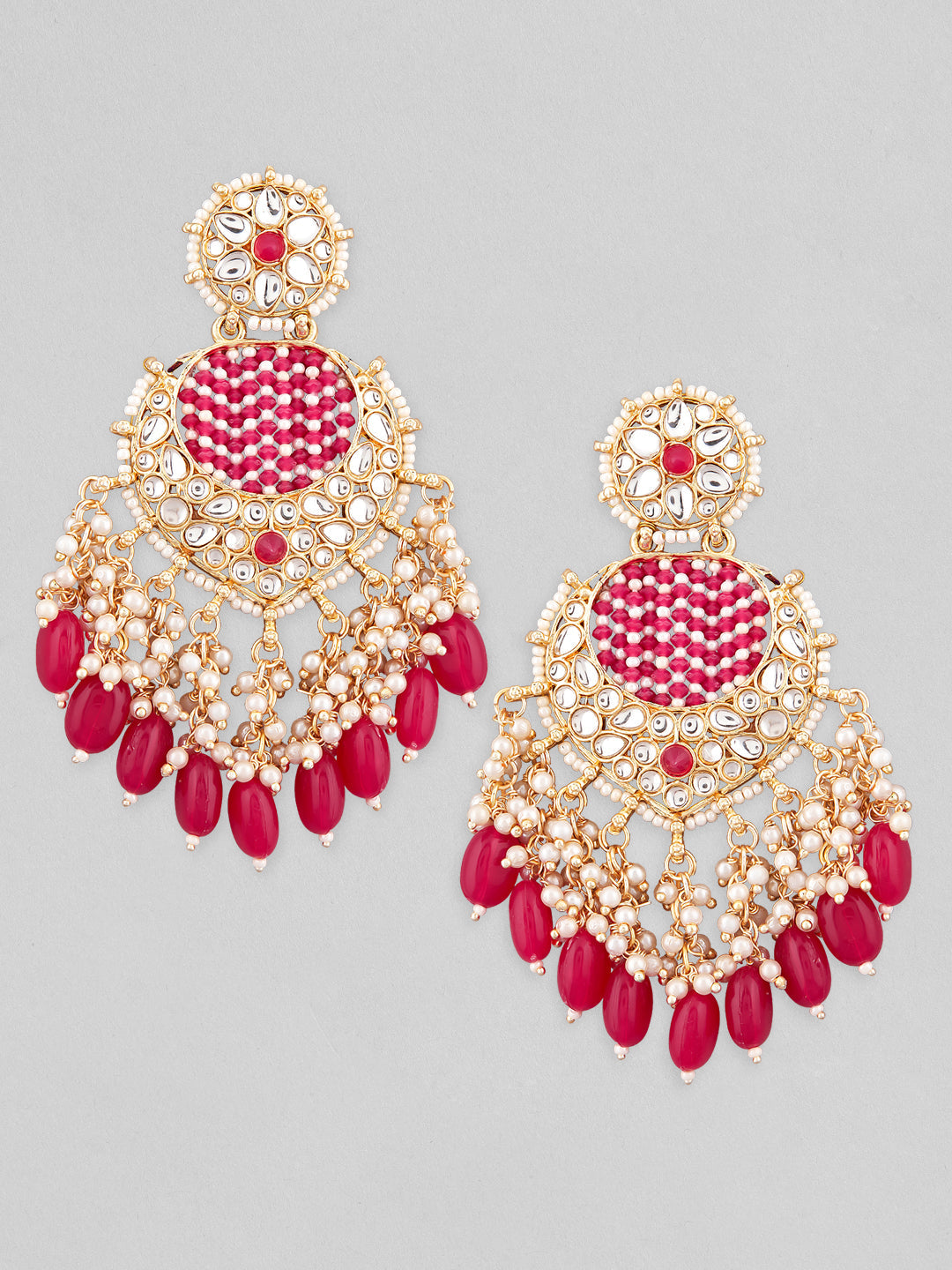 【Rubans】 Gold Plated Chandbali Earrings with Pink and White Beads｜ゴールドメッキ チャンドバリ イヤリング ピンク＆ホワイトビーズ
