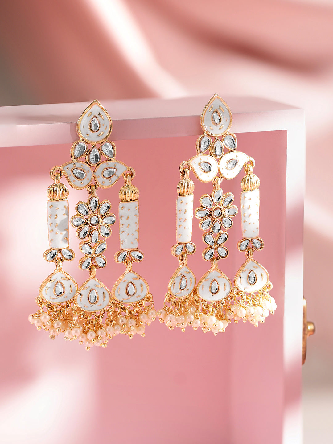 Rubans Gold Plated Handcrafted Grey Enamel with Kundan & Pearls Drop Earrings Gold