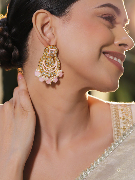 Pink & White Kundan Gold Toned Chandbalis フリーサイズ