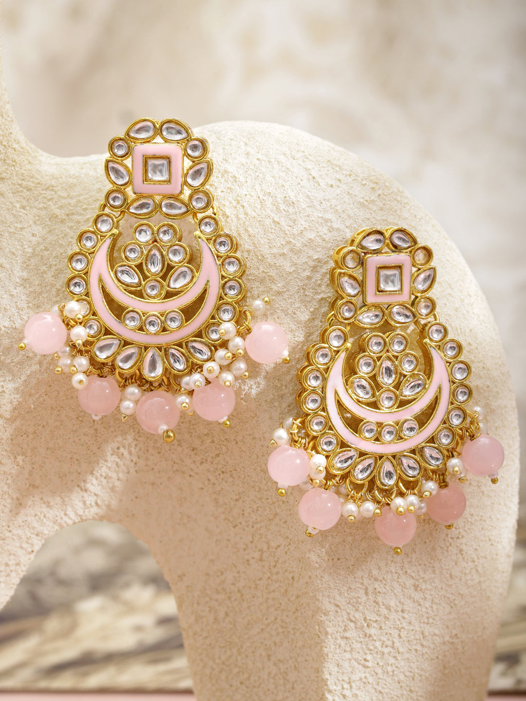Pink & White Kundan Gold Toned Chandbalis フリーサイズ