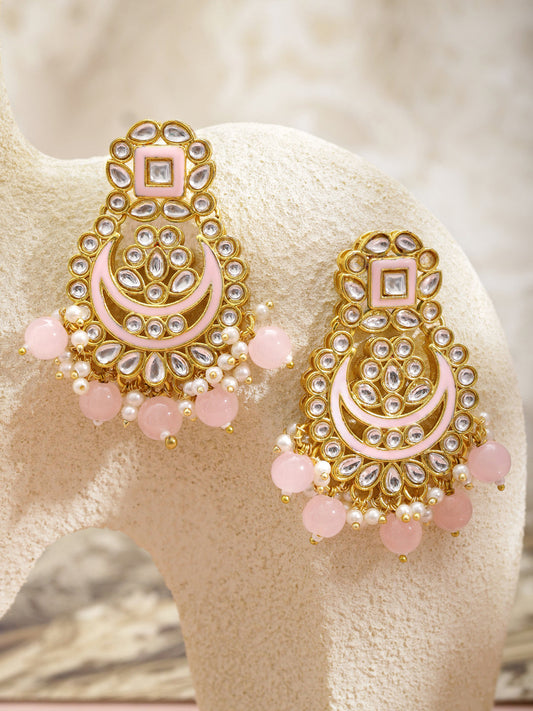Pink & White Kundan Gold Toned Chandbalis フリーサイズ