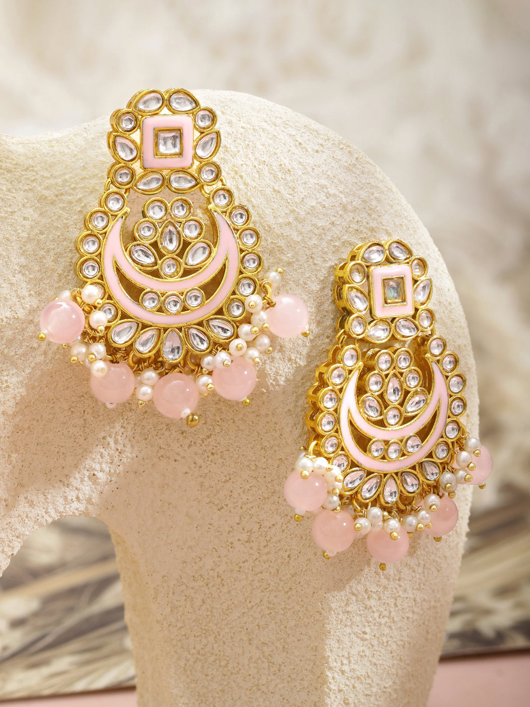 Pink & White Kundan Gold Toned Chandbalis フリーサイズ