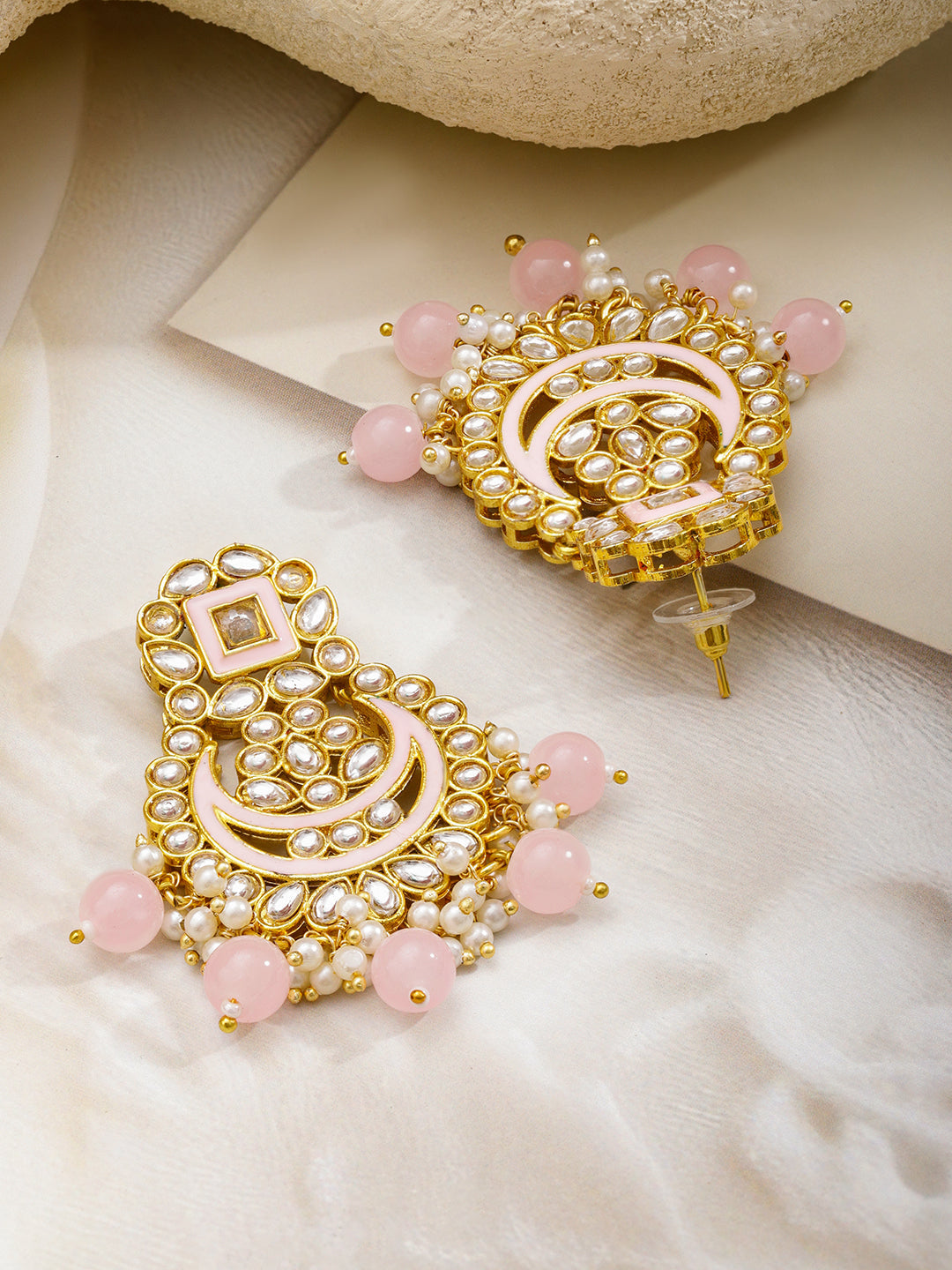 Pink & White Kundan Gold Toned Chandbalis フリーサイズ