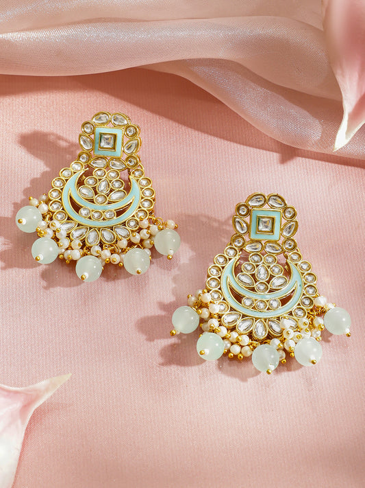 Mint Green & White Kundan Gold Toned Chandbalis フリーサイズ
