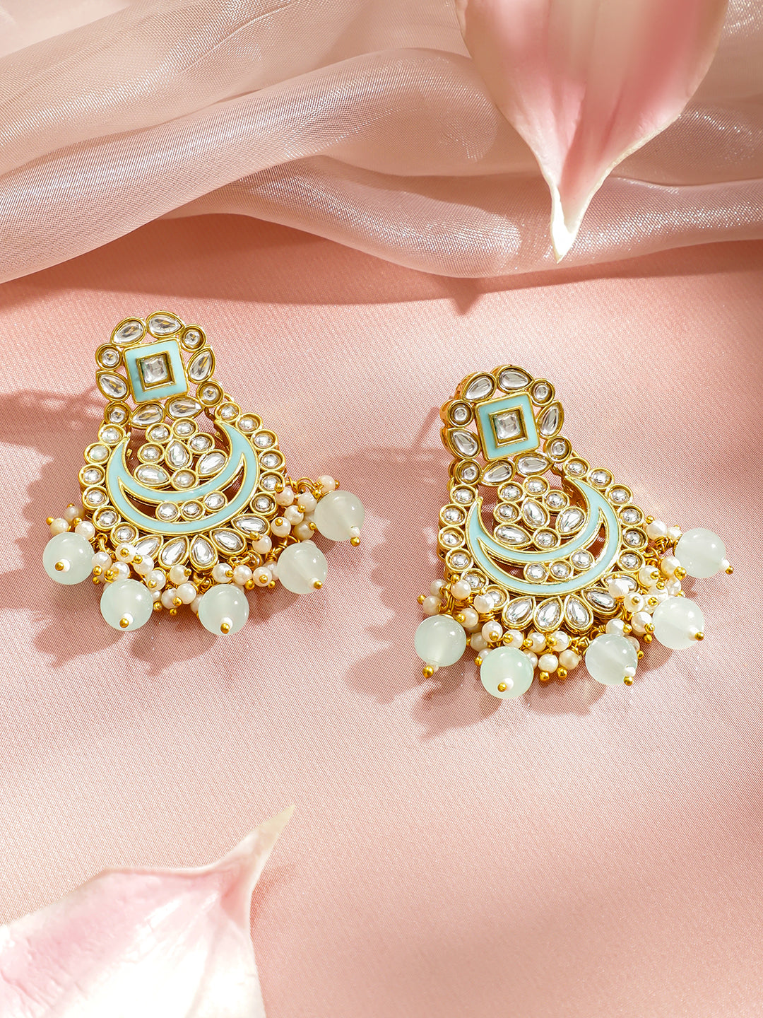 Mint Green & White Kundan Gold Toned Chandbalis フリーサイズ