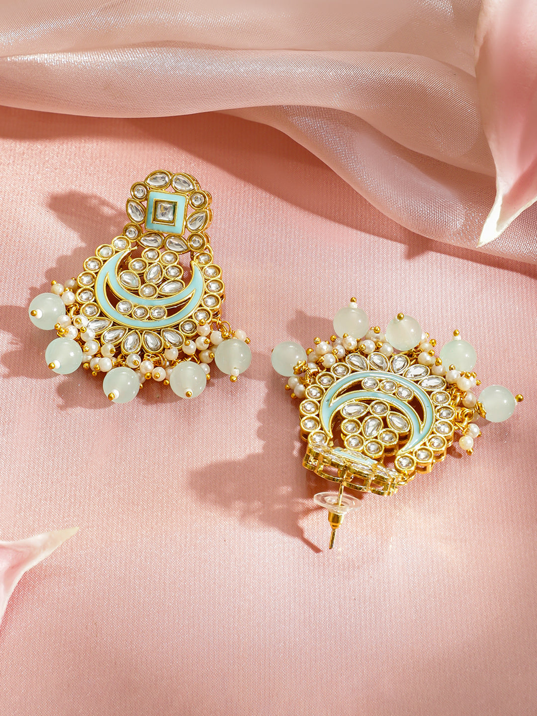 Mint Green & White Kundan Gold Toned Chandbalis フリーサイズ