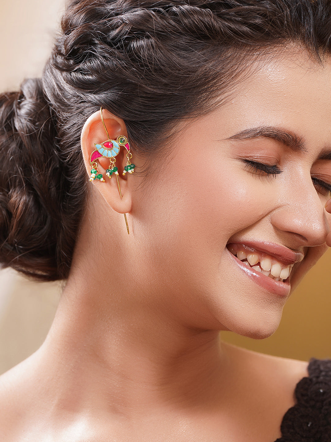 Gold Plated Brass Multicolour Enamel Bird Ear Cuff Earrings フリーサイズ
