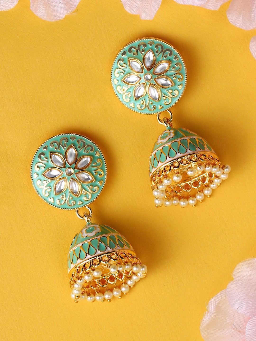 Rubans 18K Gold-Plated & Green Enamel Hand Painted Kundan Dome Shaped Handcrafted Jhumkas Green