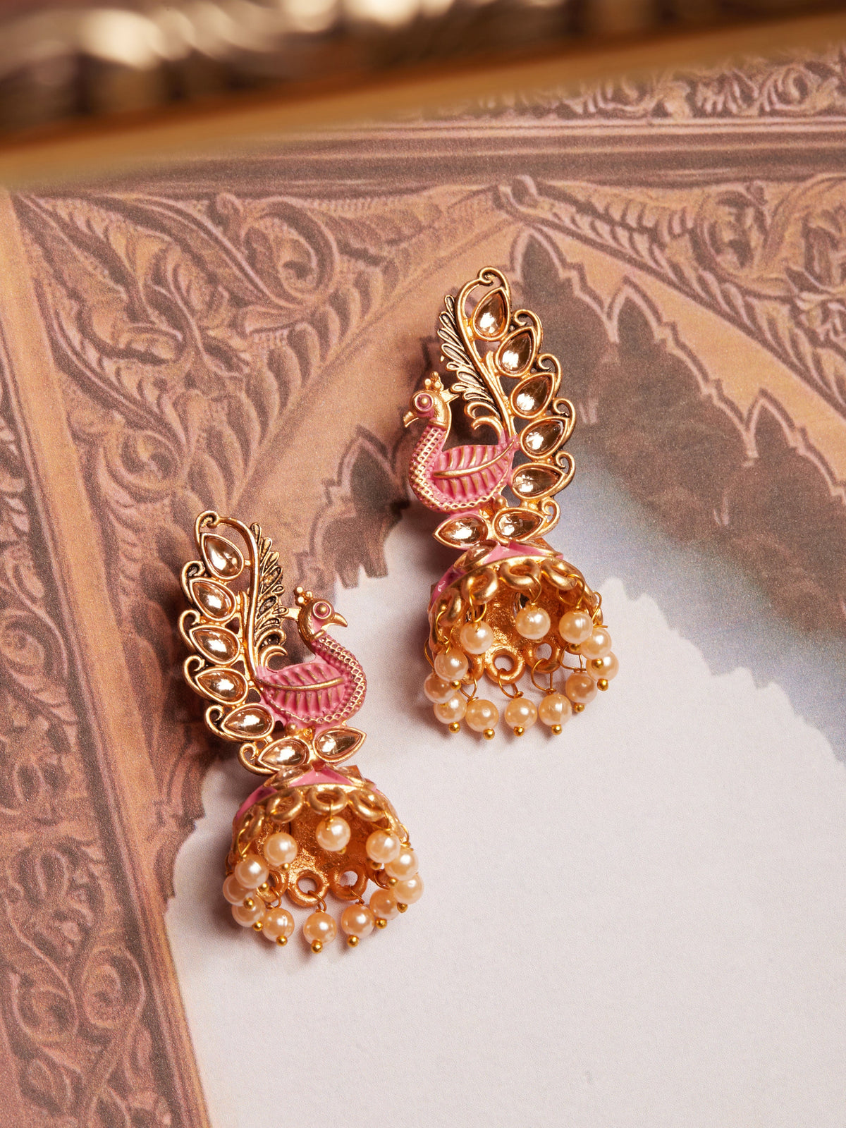 Rubans 22k Gold-Plated Handcrafted Kundan & Enamel Peacock Design Jhumka Earring Gold