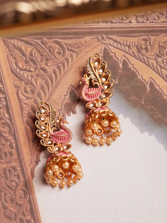 Rubans 22k Gold-Plated Handcrafted Kundan & Enamel Peacock Design Jhumka Earring Gold