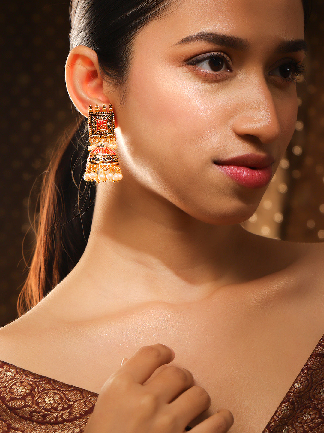 Rubans 24K Gold Plated Enamel Handpainted & White Beaded Filigree Jhumka Earrings Gold