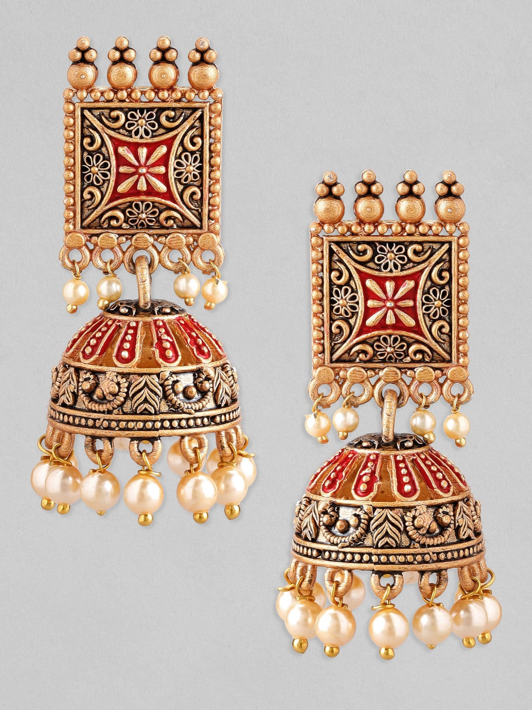 Rubans 24K Gold Plated Enamel Handpainted & White Beaded Filigree Jhumka Earrings Gold
