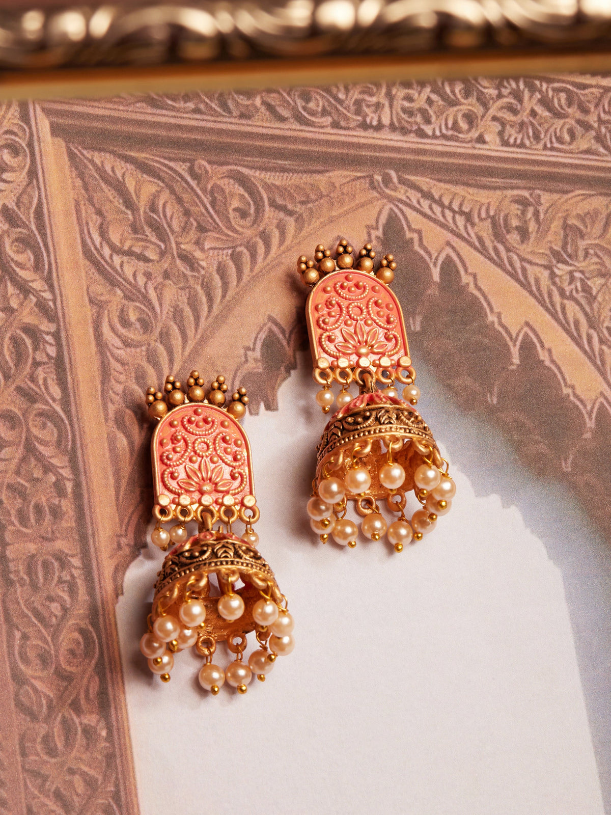 Rubans Gold-Toned & Red Enamelled Dome Shaped Pearl Jhumkas Gold