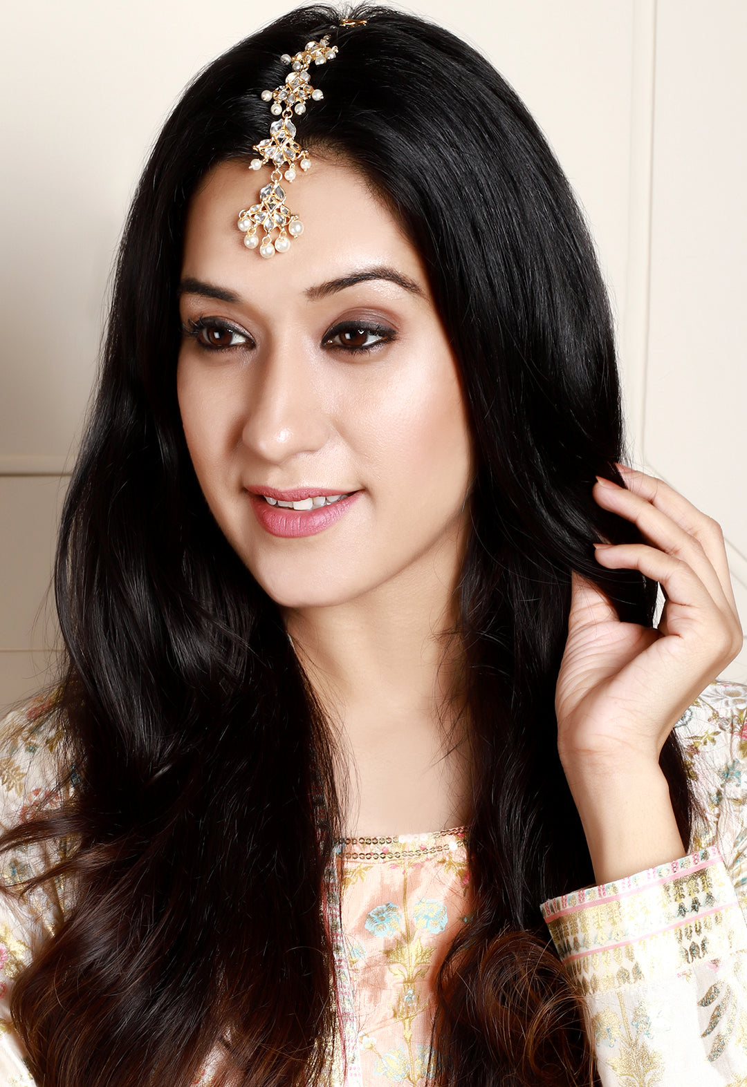 Rubans Gold Plated Pearl Statement Maangtika Gold