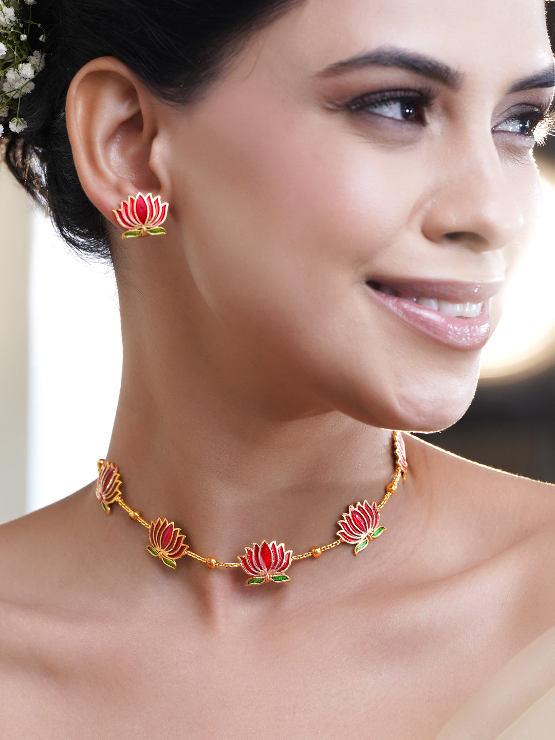 Green-Pink Divine Lotus Golden Necklace Set フリーサイズ