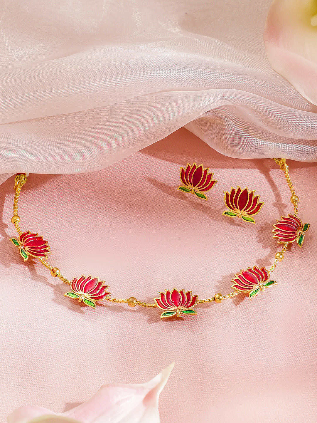 Green-Pink Divine Lotus Golden Necklace Set フリーサイズ