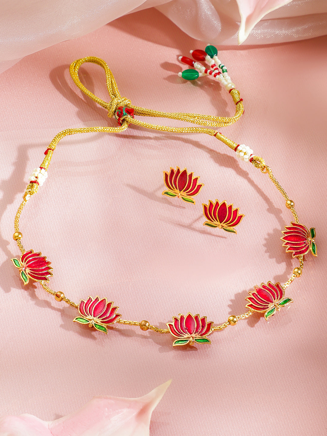Green-Pink Divine Lotus Golden Necklace Set フリーサイズ