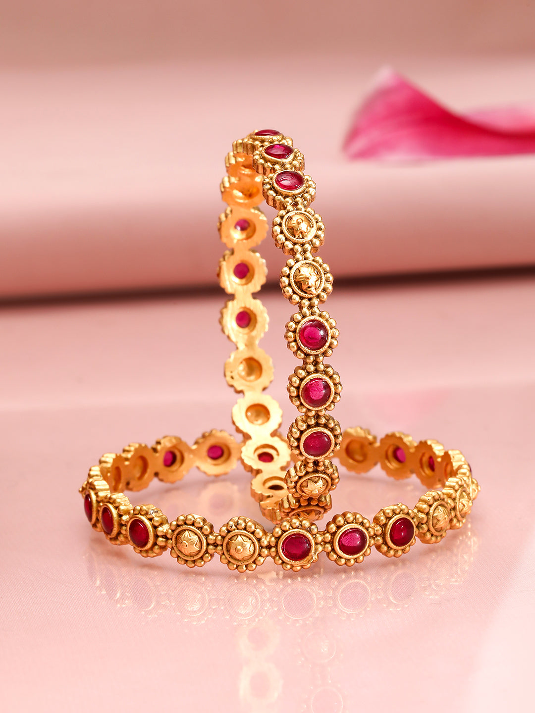 Rubans Set of 2 22K Gold-Plated Ruby Stone Studded Ethnic Bangles Gold