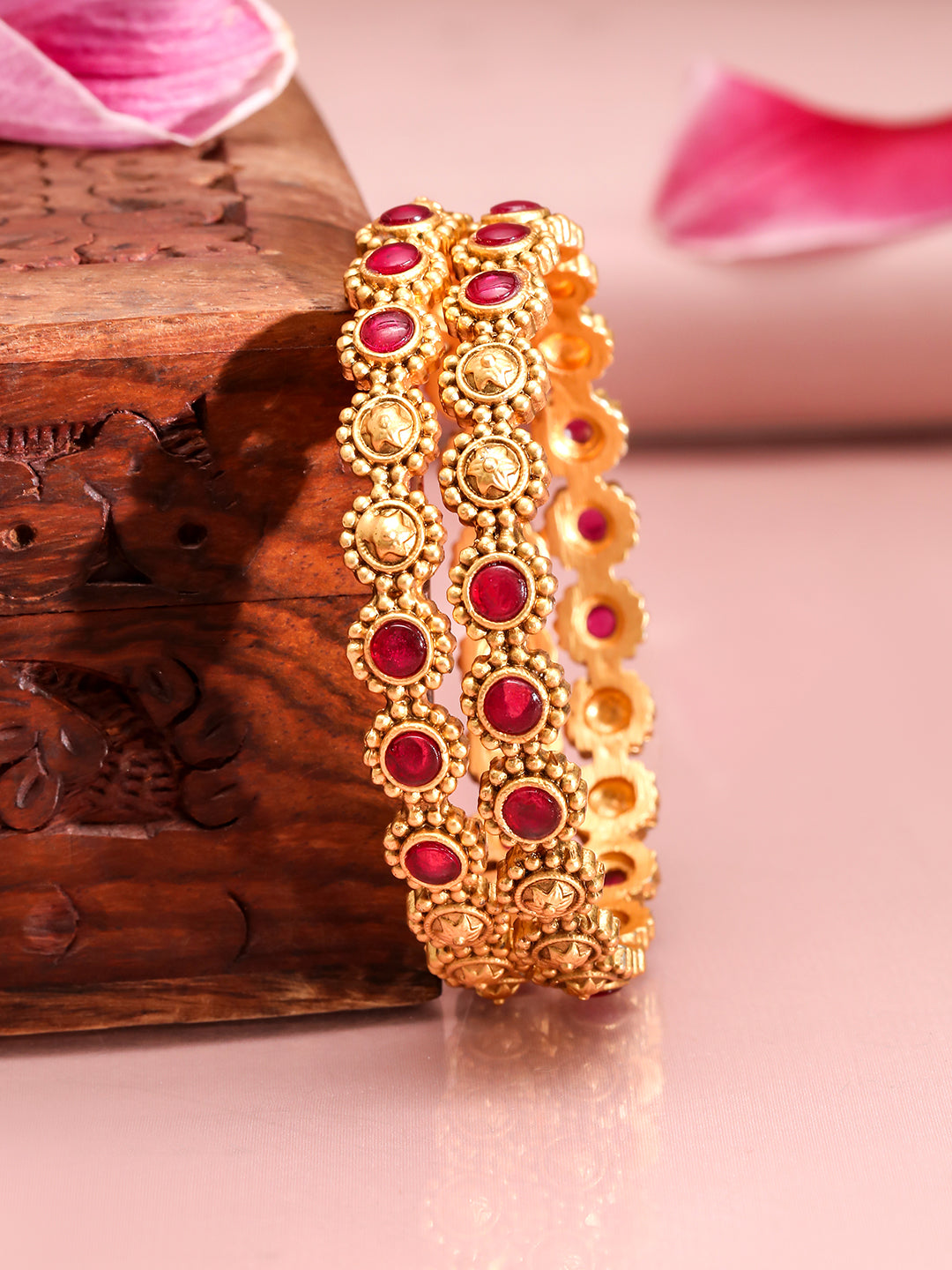 Rubans Set of 2, 22K Gold-Plated Ruby Pink Bangles with Gold Beading Traditional Design 2.4 - Small
