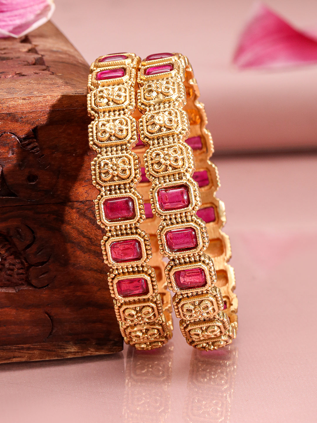 Rubans Set of 2, 22K Gold-Plated Ruby Pink Stone & Filigree Design Traditional Bangles 2.4 - Small