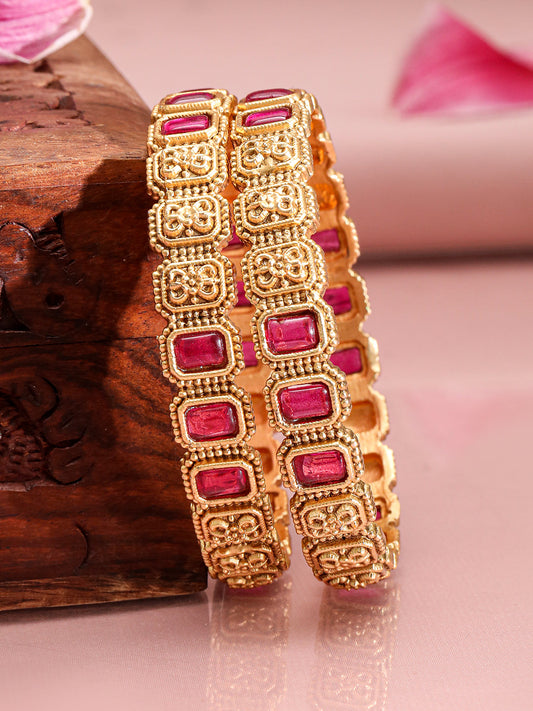 Rubans Set of 2 22K Gold-Plated Ruby Stone Studded Filigree Design Traditional Bangles 2.8 - Large