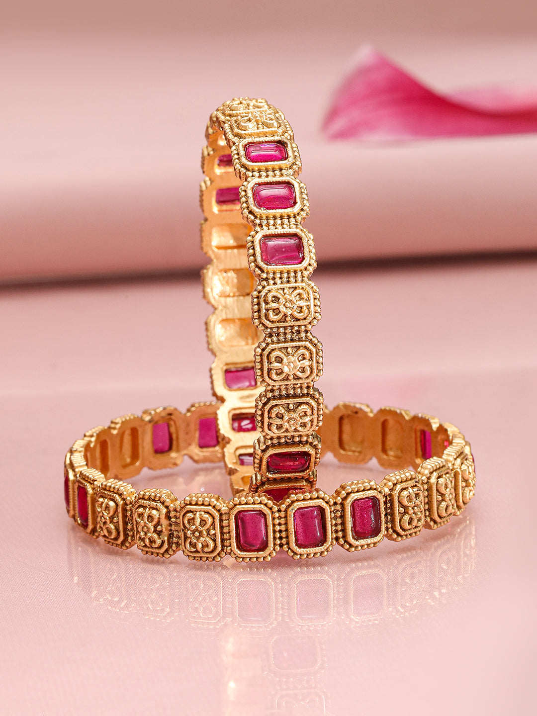 Rubans Set of 2, 22K Gold-Plated Ruby Pink Stone & Filigree Design Traditional Bangles 2.6 - Medium