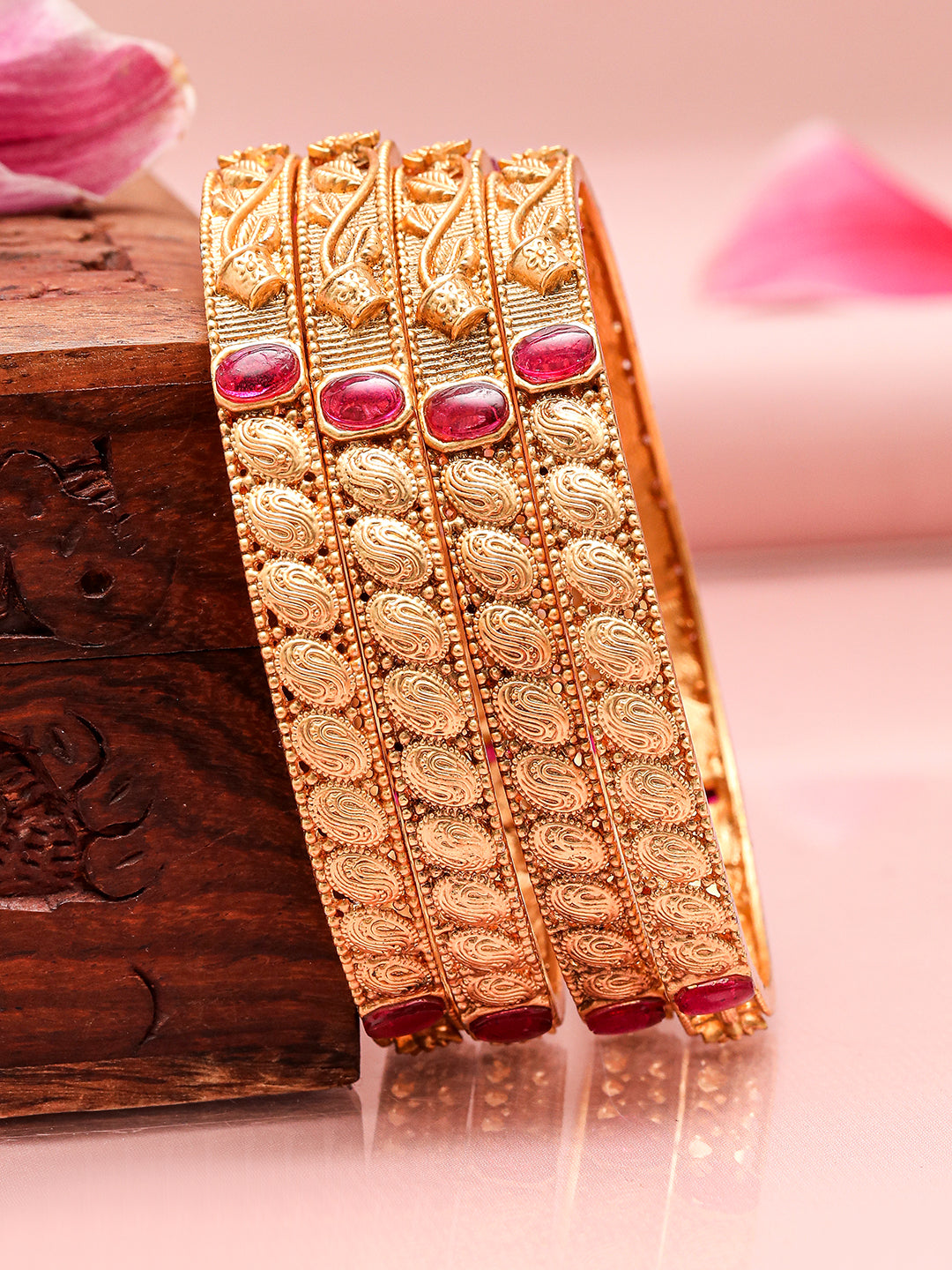 Rubans Set of 4 22K Gold-Plated Ruby Pink Stone Studded Filigree Traditional Bangles 2.6 - Medium