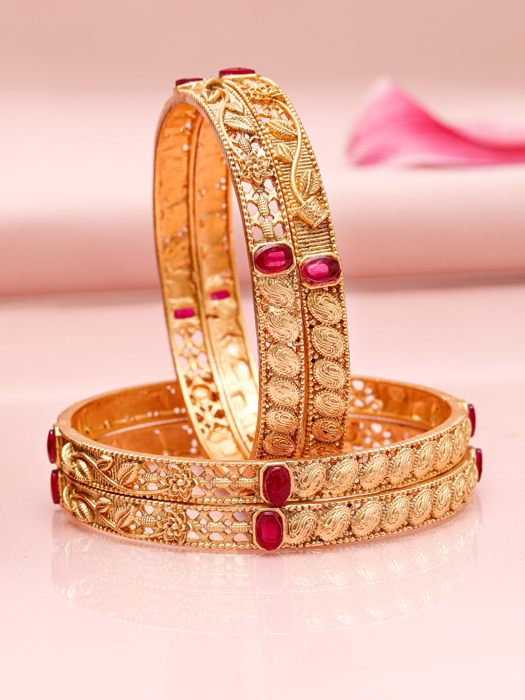 Rubans Set of 4 22K Gold-Plated Ruby Pink Stone Studded Filigree Traditional Bangles 2.6 - Medium
