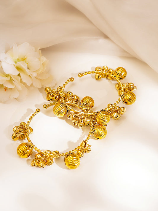 Gold Twisted Ghungroo Statement Bangles Length - One Size
