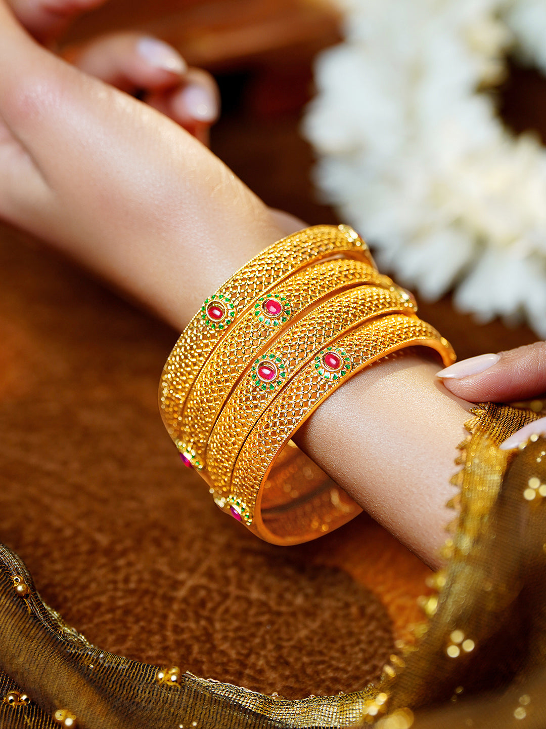 Festive Gold Plated Ruby Detail Bangles 2.10