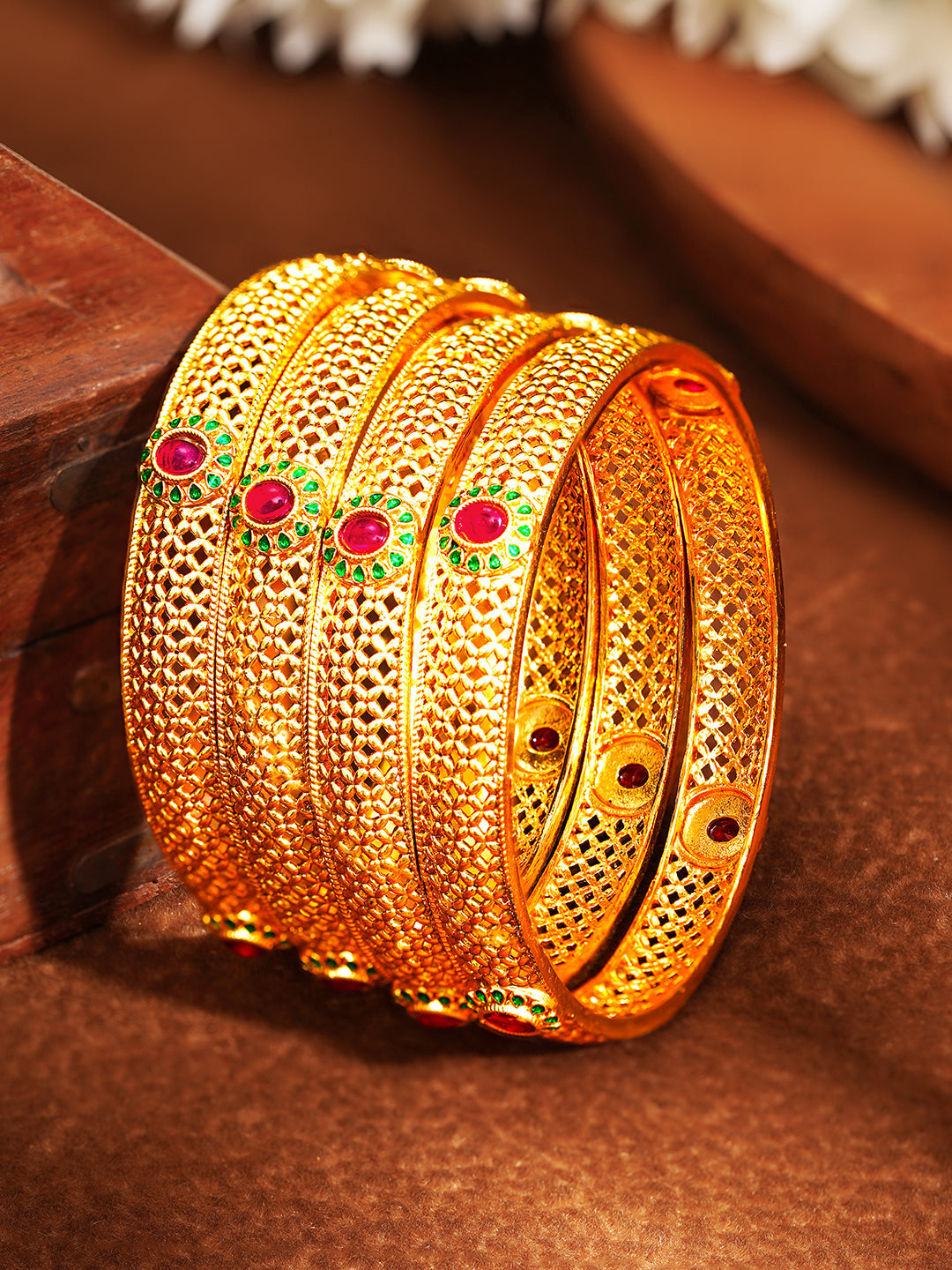 Festive Gold Plated Ruby Detail Bangles 2.6 - Medium