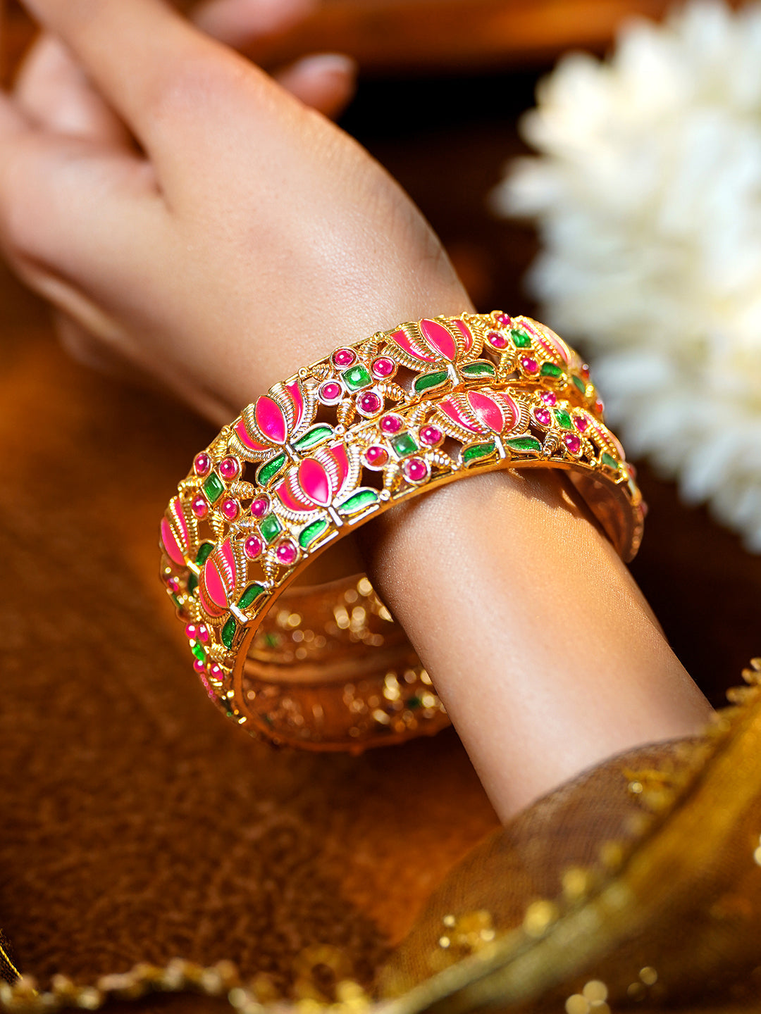 Set Of 2 Meenakari Lotus Bangle Set 2.4 - Small
