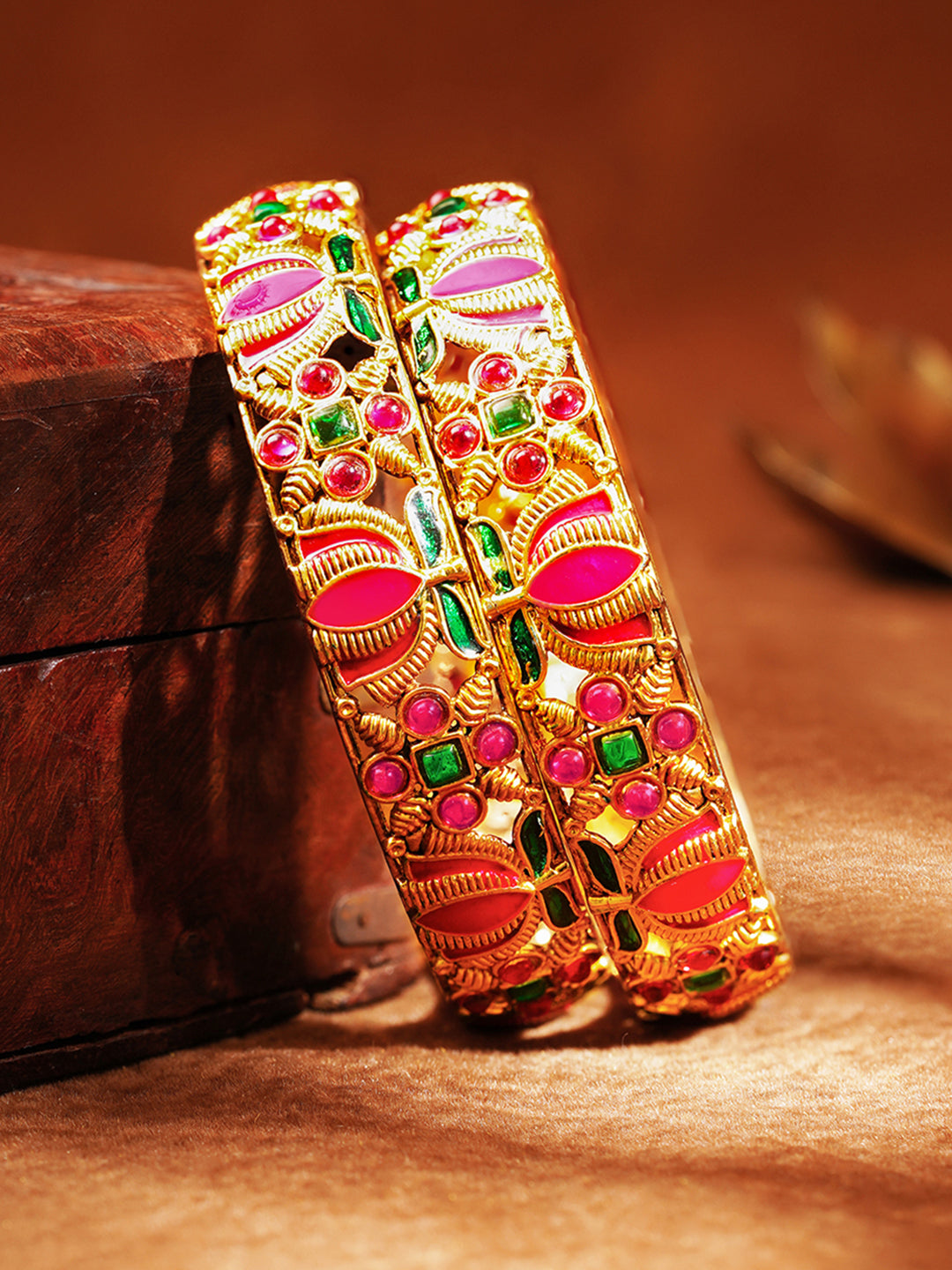 Set Of 2 Meenakari Lotus Bangle Set 2.6 - Medium