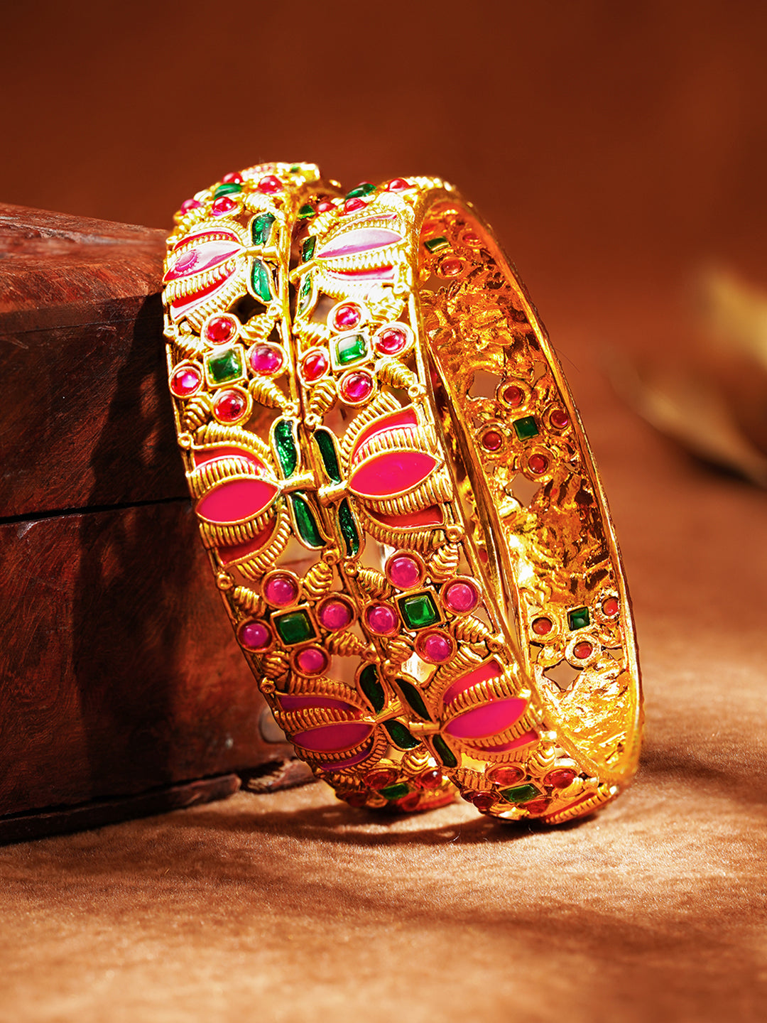 Set Of 2 Meenakari Lotus Bangle Set 2.4 - Small