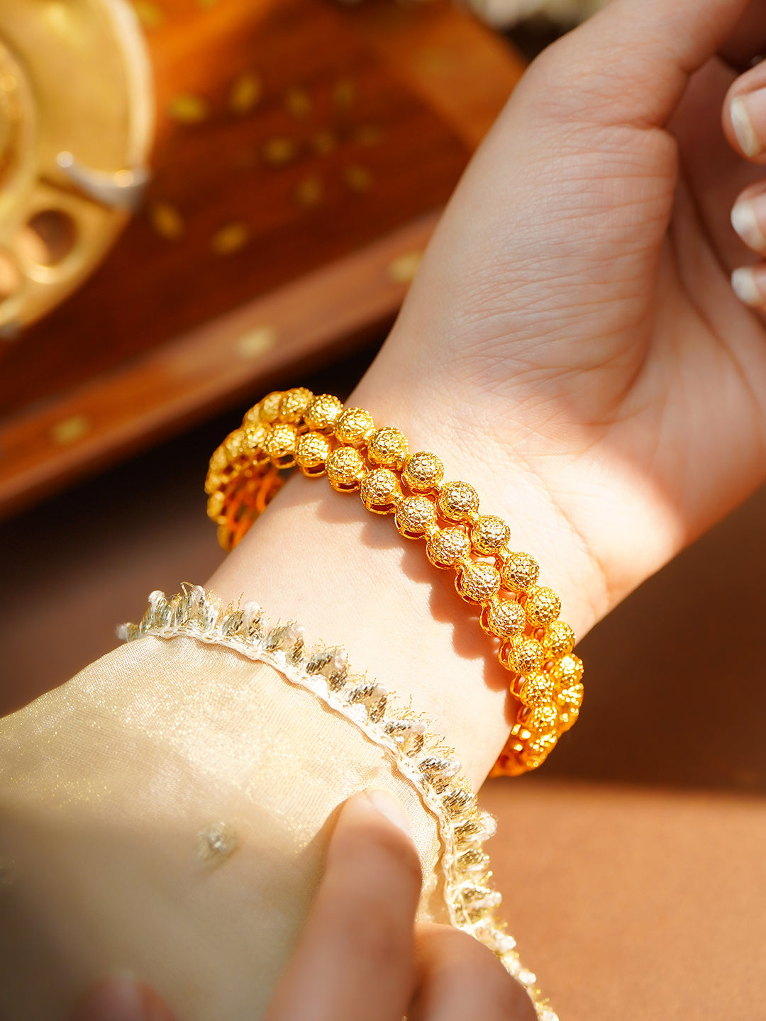 Golden Bead Glow Traditional Bangle Pair 2.4 - Small