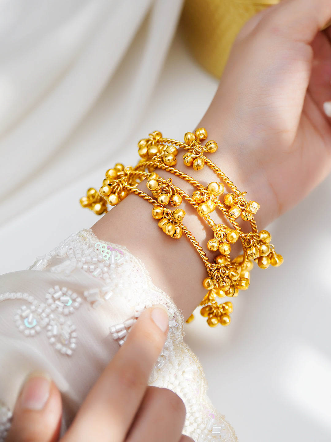Gold Ghungroo Cluster Statement Bangles Set Length - One size