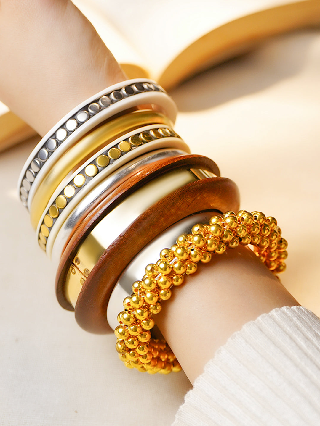 Mixed Texture Fusion Statement Bangles Set フリーサイズ